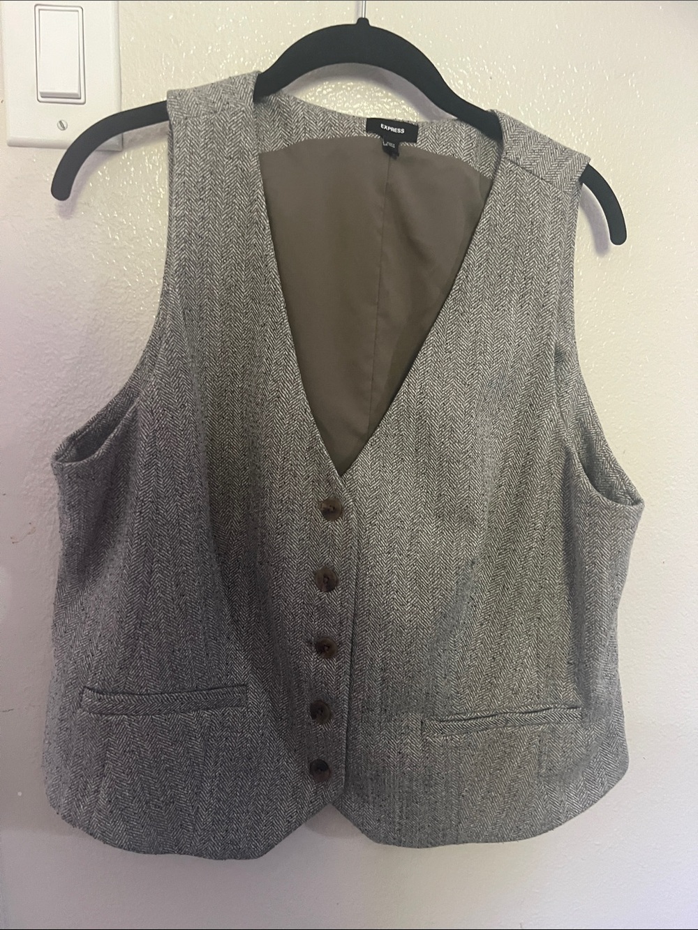 Express Brown/Grey Herringbone Wool-Blend Vest